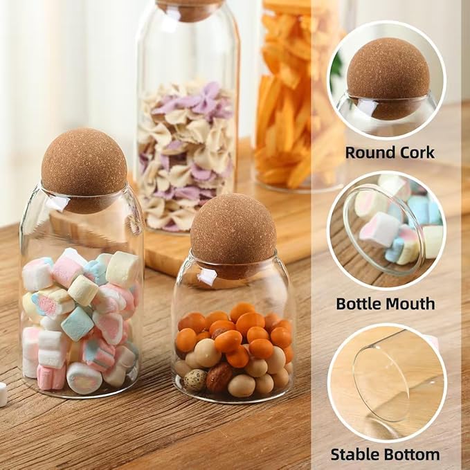 Glass Storage Jar with Ball Cork Lid, Clear Glass Canisters with Cork Ball,3Pcs High Borosilicate Glass Sealed Jar 16oz 26oz 36oz, Used for Storing Candies, Salt, Tea, Seasonings, Cookies, etc