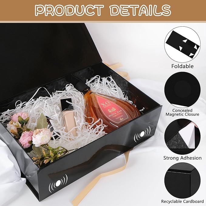 RayofSun Black Gift Boxes with Magnetic Lids for Presents Large Rectangle Collapsible Decorative Boxes13.7x9x4.3inch, Bridesmaid Groomsmen Proposal Box for Wedding, Christmas, Birthday(3PCS)