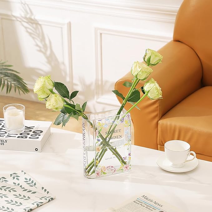 Glass Book Vase, Clear Book Vase for Flowers, Large Glass Vases, Modern Book Shaped Vases for Bedroom, Living Room, Office, Coffee Table, Bookshelf(Garden)
