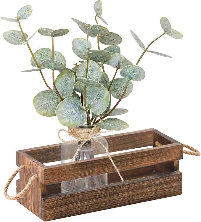 Artificial Eucalyptus Stems in Glass Vase with Faux Water,Combined with Wood Tray Centerpiece Table Decoration,13" Fake Plant with Double-Sided Leaves for Home Decor
