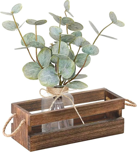 Artificial Eucalyptus Stems in Glass Vase with Faux Water,Combined with Wood Tray Centerpiece Table Decoration,13" Fake Plant with Double-Sided Leaves for Home Decor