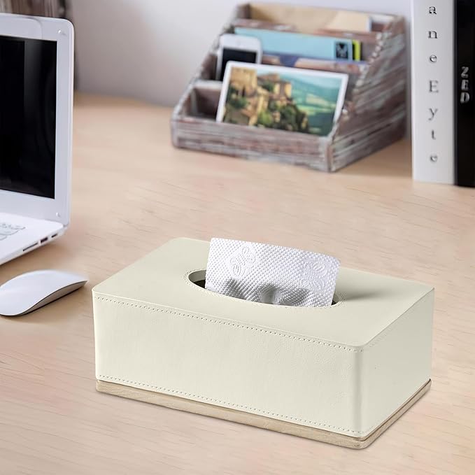 Rectangular Tissue Box Cover for Bathroom,Livingroom,Bedroom, Hand Carved Leather Resin Tissue Box Holder,10 x 5.7 x3.7 in, Beige