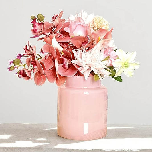 BLOFLO Pink Glass Vase, 7 Inch Large Glass Vase for Flowers, Modern Thick Glass Flower Vases for Centerpieces, Decorative Glass Cylinder Hydroponic Vase for Wedding, Home, Office (Pink, 7Inch)