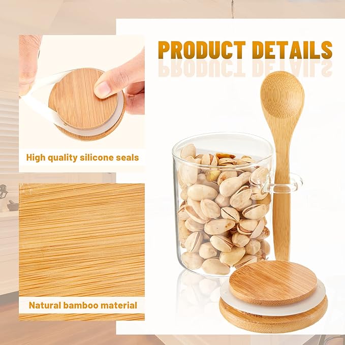 Tessco for you 6 Pack Sugar Jar Glass Container with Spoon Clear Glass Jars with Bamboo Lid and Spoon Scoop for Women Christmas Kitchen Gift Coffee Beans, Spice, Sugar, Nuts, Candy, Salts (6 oz)