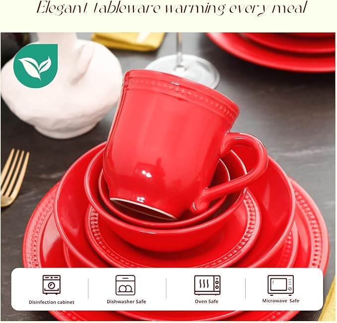 Pearl Dots Stoneware Dinnerware Set(16pc Set, Red)