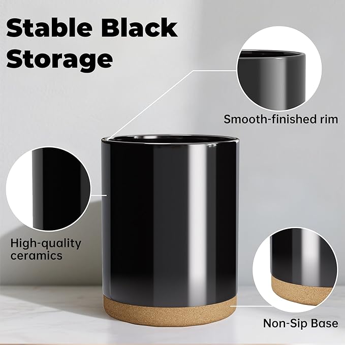 Ceramic Kitchen Utensil Holder for Countertop, Modern Crock with Non-Slip Cork Base, Counter Organizer for Cooking Tools 、Black