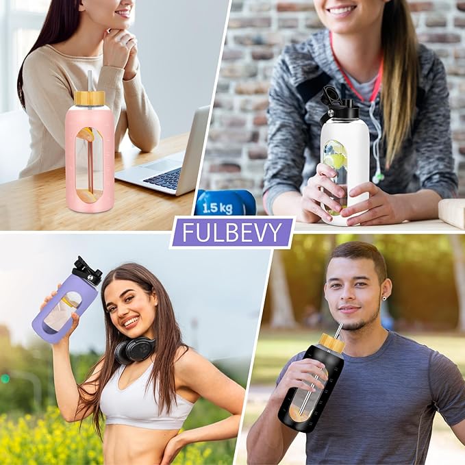 Glass Water Bottles 64 oz - Half Gallon Large Motivational Daily Water Intake Bottle Time Marker - Glass Water Bottle With Straw, Silicone Sleeve 2 Lids, Handle Spout & Bamboo Lid(Purple)