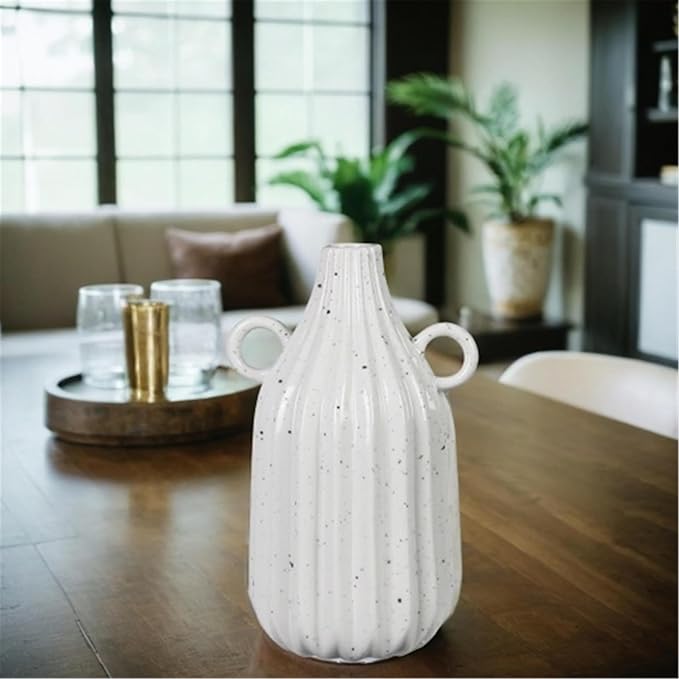 Young's Inc Stoneware Vase with Dual Ring Handles – Modern Organic Decorative Table Centerpiece, Ribbed Ceramic Flower Vase, 7.4” Tall