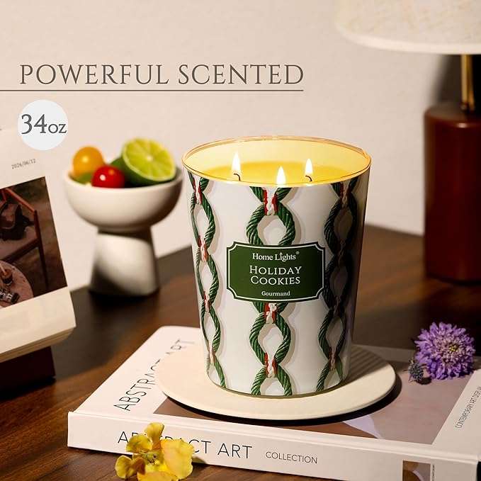 HomeLights Holiday Cookies Scented Candles | 34oz Soy Candles Rustic Modern 3-Wick Large Candle Jars | Ideal Candle Gifts for Events, Home Decor Stress, Relief & Relaxation