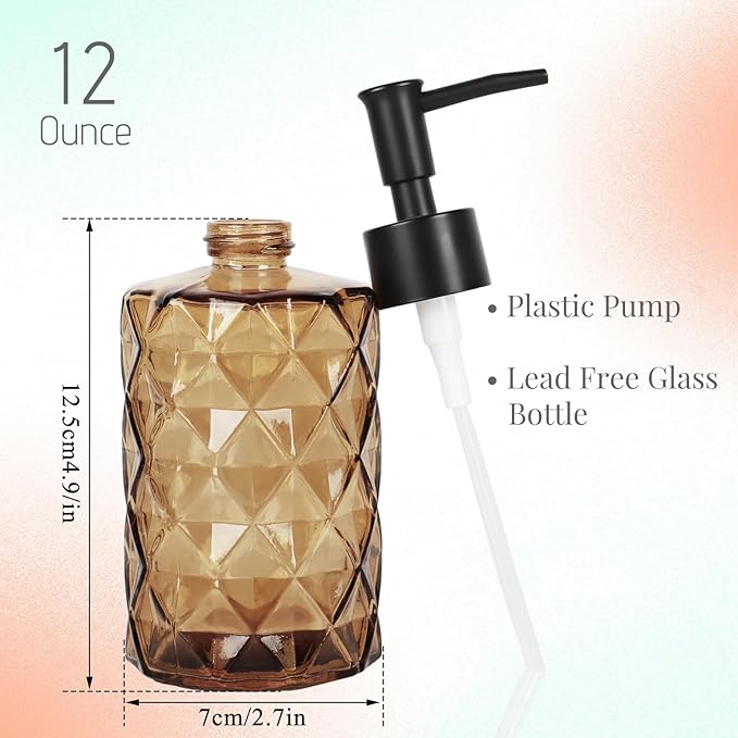 Dark Brown Glass Soap Dispenser with Pump, 12oz Diamond Design Hand Soap Dispenser, Refillable Lotion Dispenser & Dish Dispenser, Bathroom Dispenser for Dishwashing Liquid, Shower Gel