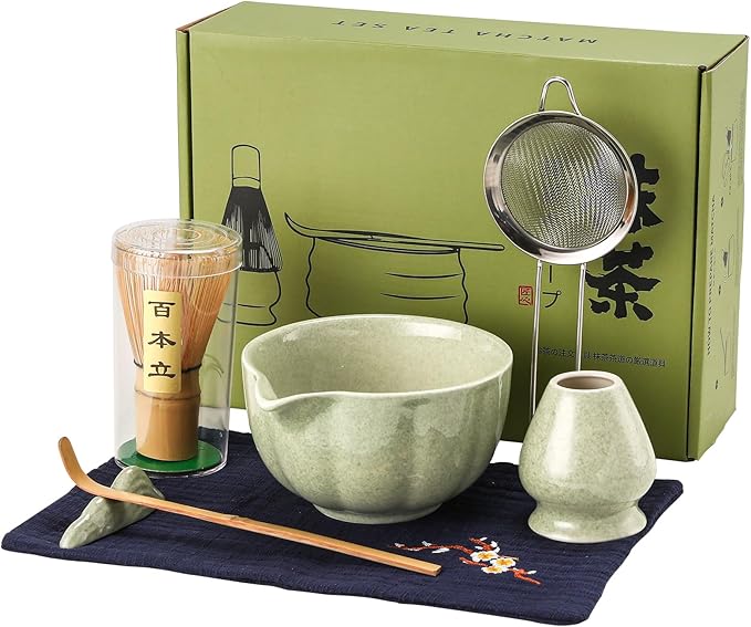 Matcha Whisk Set, 7-Pack Mottled Green Matcha Set - Include Petal Matcha Bowl with Spout, Bamboo Whisk, Chasen Holder, Sifter, Scoop, Tea Towel, Scoop Rest - Perfect Matcha Making Kit for Tea Lover