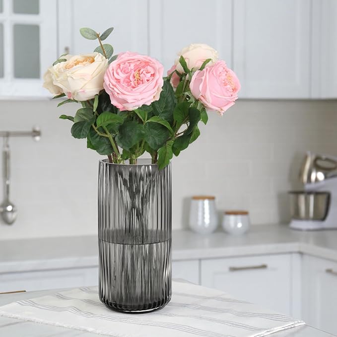 Modern Grey Glass Vase-11 Inch Tall Ribbed Glass Cylinder Vases for Flowers, Bouquet, Desk, Dining Table, Shelf, Decorative Flower Vase for Centerpieces, Home Decor, Living Room, Wedding