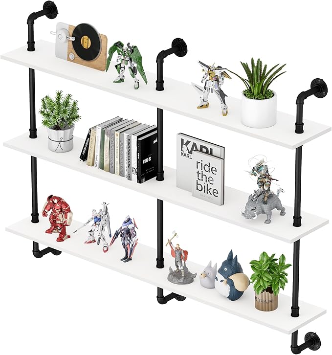 3-Tier Industrial Pipe Floating Shelf – Rustic 48 inch Wood Wall-Mounted Storage Shelf for Kitchen Office,Bathroom & Home Decor -White