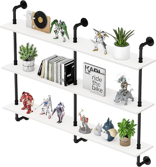 3-Tier Industrial Pipe Floating Shelf – Rustic 48 inch Wood Wall-Mounted Storage Shelf for Kitchen Office,Bathroom & Home Decor -White