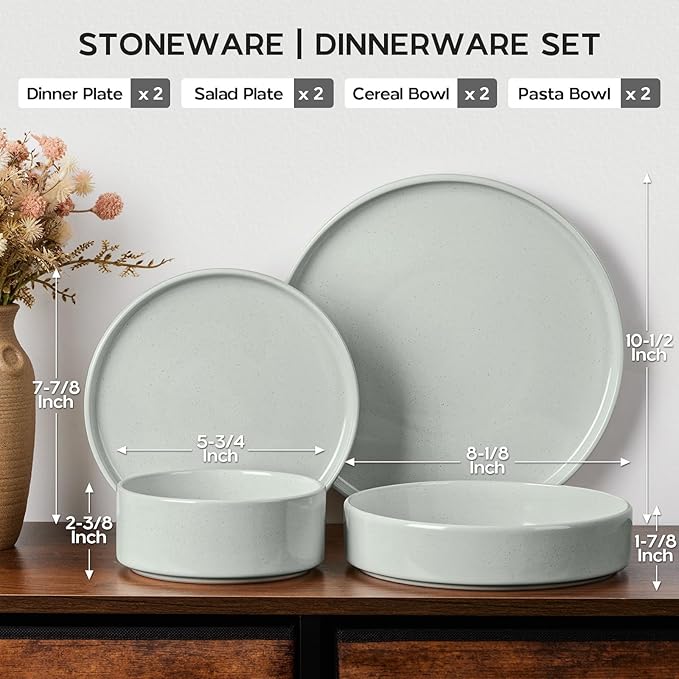 Onader Stoneware Dinnerware Sets, 8 Piece Plates and Bowls Dishes Sets for 2, Speckled Kitchen Dishware Dining Ware with Double Bowl – Pale Sage Green