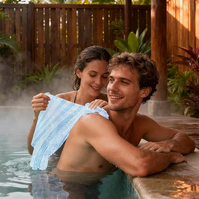 Quick Drying Bath Towel, Gentle Skin, Super Absorbent Cotton, Extendable Back Brush, Home Spa Accessory for Bathroom Shower Sauna Indoor Daily Use Family Adults Kids