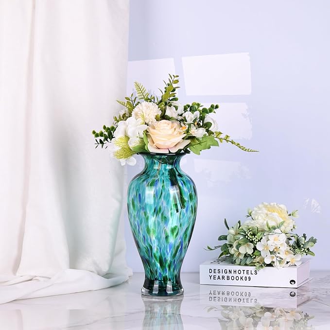 Blown Glass vase, Unique Glass vase, Glass Green Decorative vase for Home Living Room Dining Table re Office Wedding Entrance Desktop Decorative vase.