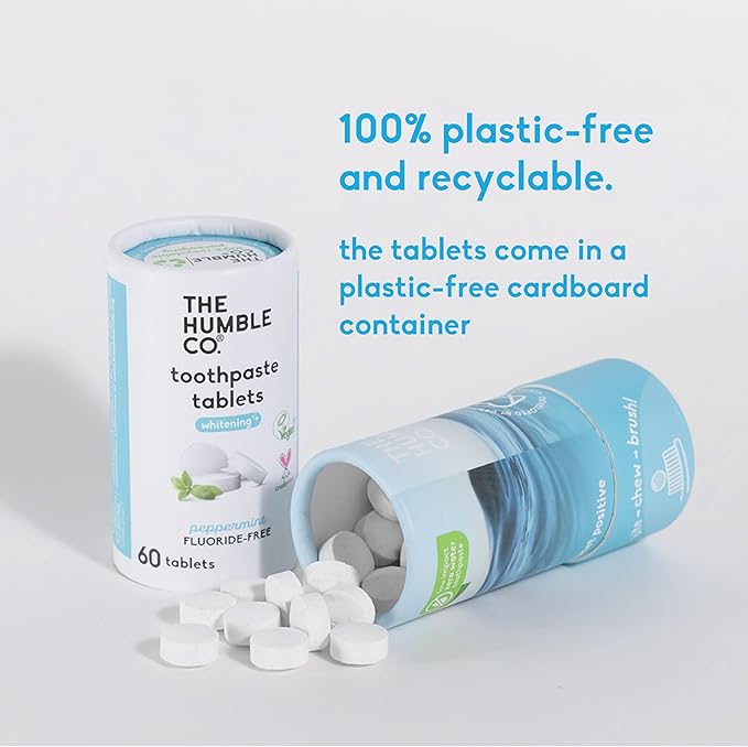 The Humble Co Teeth Whitening Chewable Toothpaste Tablets, Peppermint - Fluoride-Free Toothpaste Tabs - Bite, Chew, Brush - Travel-Friendly & Waste-Free Dental Oral Care & Hygiene - 180 Count