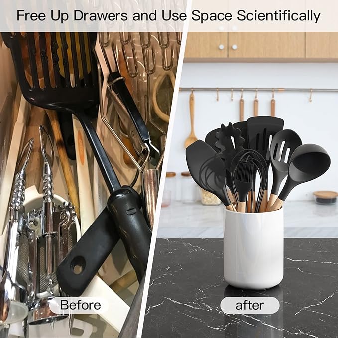 White utensil holder for Countertop, Glossy White Ceramic Utensil Holder for Kitchen Counter Easy to Clean, Modern Small Cooking Utensil Holder Spatula Crock for Décor, 4.5×6.4 IN