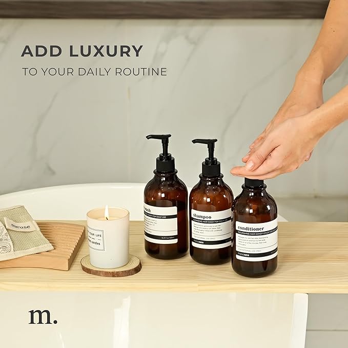 MaisoNovo Refillable Shampoo and Conditioner Bottles | 16.9 fl oz Set of 3 Amber Plastic Bottles Black Pumps