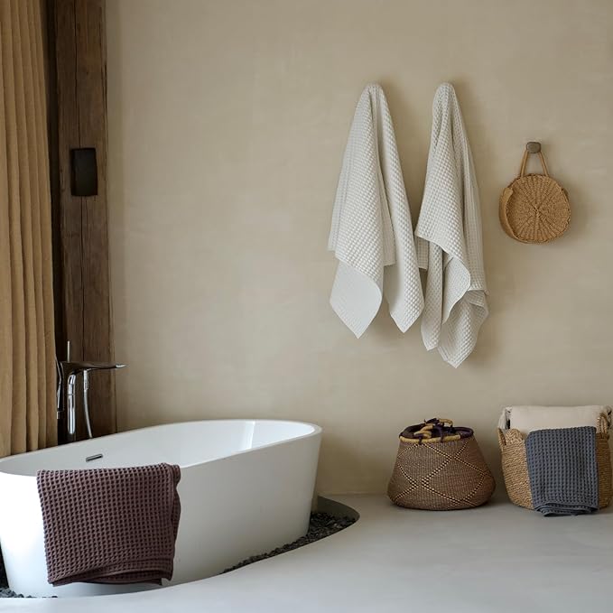 Luxury Japanese Cotton Silk Waffle Bath Towel | Plush, Absorbent, and Quick Dry (Shell White, Hand Towel (3 Pack))