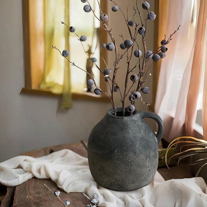 Rustic Ceramic Vase with Handle, Handmade Vintage Pottery for Home Decor, Black Farmhouse Flower Vase for Living Room, Wedding, Kitchen Centerpiece - 5.6 Inch