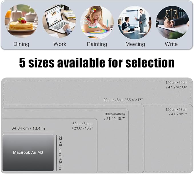 BLESWIN Large Desk Pad Mat 47.2"" x 17"", Office Desk Mat, Non-Slip PU Leather & Cork Desk Blotter for Keyboard and Mouse, Large Desk Mat, Large Mouse Pad for Office & Home(Light Grey)