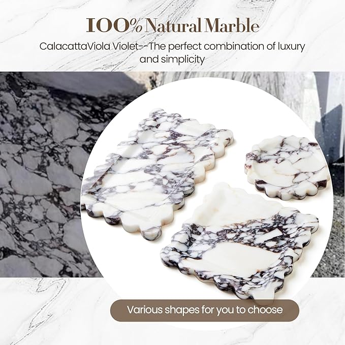 Calacatta Viola Natural Marble Tray, Scalloped Bathroom Tray, Luxury Decorative Trays for Bathroom, Vanity, Dresser, Kitchen & Home Decor, House Warming Gifts New Home (Rectangle,12x7.4 Inch)