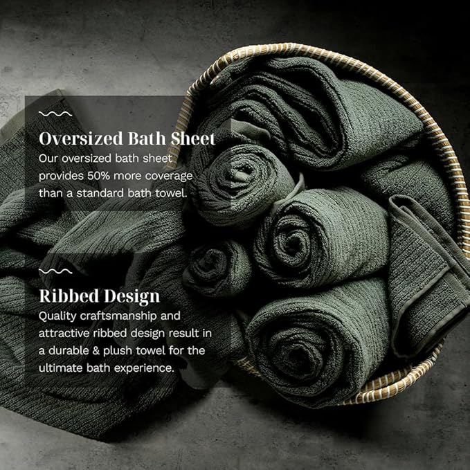 LUXOME Luxury Performance 6-Piece Bath Towel Set | Dual-Loop Design | Ultra Soft | Highly Absorbent | Quick Drying | Moss (Green)