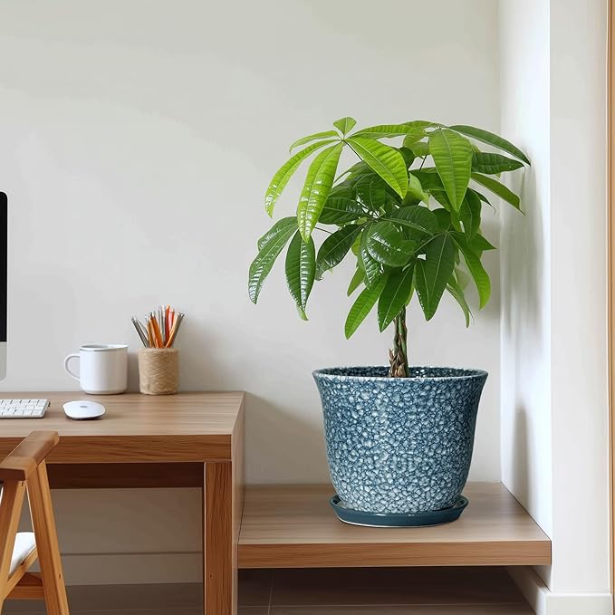 10 Inch Plant Pot - Ceramic Planter for Indoor Outdoor, Round Flower Pots with Drainage Hole and Saucer, Modern Decorative Planter for Plants, Home Office Decor, Plant Lover Gifts, Blue