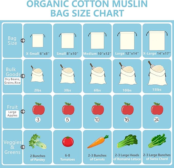 TOPDesign 12-Pack 6” x 8” Reusable Produce Bags, Muslin Bags with Drawstrings for Shopping & Storage, 100% Natural Cotton Bags, Washable, Biodegradable, Food Safe