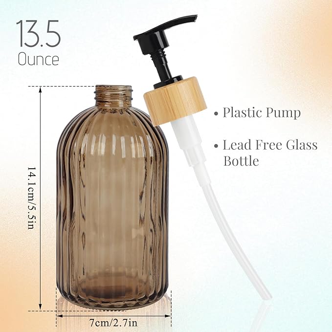 Amber Glass Soap Dispenser with Pump, 2 Pack 13.5oz Vertical Stripe Design Hand Soap Dispenser for Hand Wash, Dish Wash, Elegant Dispenser for Bathroom and Kitchen