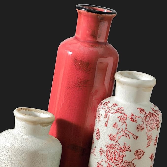 Vintage Vase Set of 3, Ceramic Vintage Flower Vases, Chinoiserie Decorative Home Decor Retro Floral Vase Rustic Farmhouse Decor for Table Bookshelf Mantel Kitchen Living Room Office - Red and White