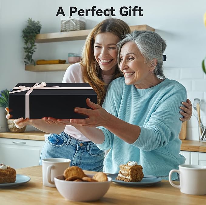 Brothersbox Black Gift Box 13.8"x9.1"x4.3" Large Gift Boxes for Presents with Magnetic Lid, Ribbon, Collapsible Boxes for Gift Packaging Mother's Day Christmas Birthday Wedding
