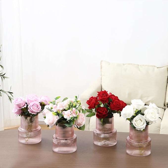 Ribbed Glass Vases, Set of 4 Small Vases for Flowers, Pink Glass Vase for Tulips, Modern Vase for Living Room, Kitchen, Office, Entryway, Bookshelf, Wedding Gifts, Birthday, 6 Inches