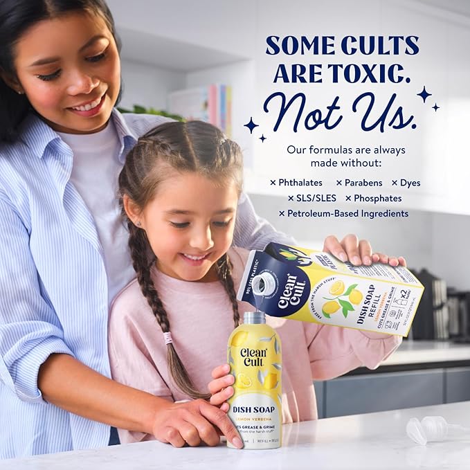 Cleancult Dish Soap Liquid Refills - Plant Based Cleaning Power - Cuts Grease & Grime - Free of Harsh Chemicals - Uses 90% Less Plastic - Lemon Verbena - 32 oz/3 Pack