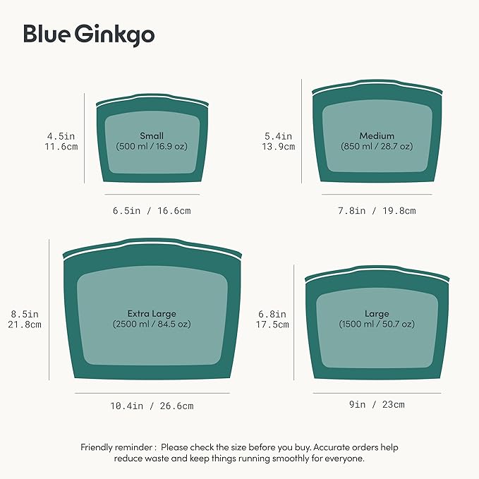 Blue Ginkgo Reusable Silicone Storage Bags – 4-Pack | Korean-Made Stand Up Food, Freezer Bags - Forest Green