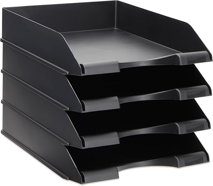 Stockroom Plus Letter Tray - Stackable Desk Organizer Trays - Desktop File Organizer - Mail & Document Storage - Pack of 4, Black, 10 x 13.5 x 2.5 in