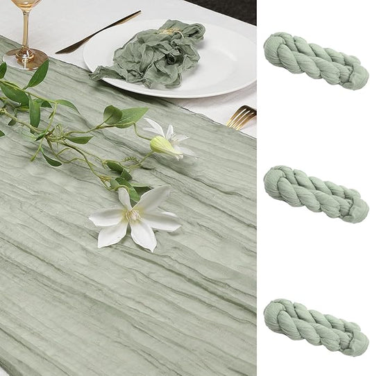 Le courant 3 Pieces 10Ft Cheesecloth Table Runner, Rustic Boho Gauze Cheese Cloth Runner Table Runner for Weddings Bridal Baby Shower Birthday Holiday Parties Home Decor, Sage Green