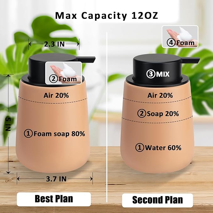 Soap Foaming Dispenser Ceramic with Easy-to-Press Pump Hand Foam Dispenser for Shampoo Bathroom Kitchen 12 oz