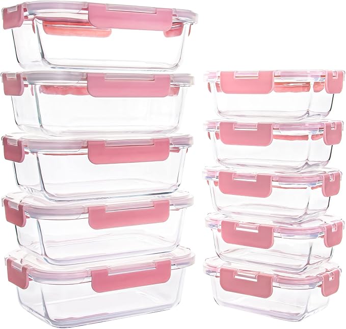 10 Pack Glass Food Storage Containers, Glass Meal Prep Containers with Lids Leak Proof, Microwave & Freezer Safe (34oz & 12oz)