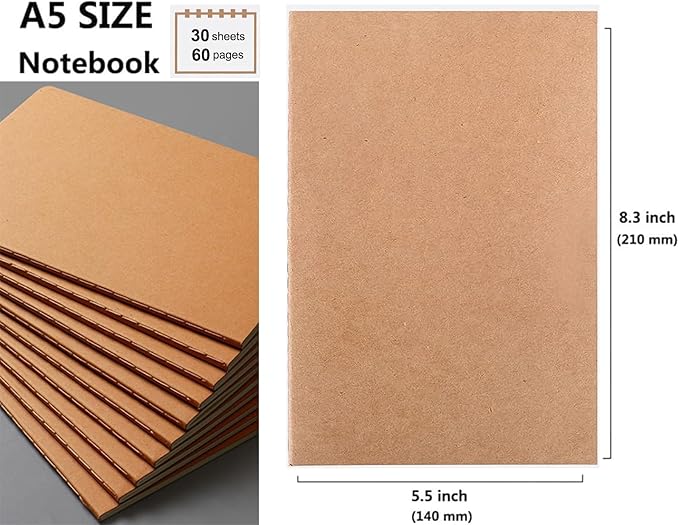 48 Pack A5 Blank Notebook Bulk Kraft Cover Blank Sketch Book Pad Travel Journals Composition Diary Subject Notebooks Planner 60 Pages, 8.3”x 5.5”
