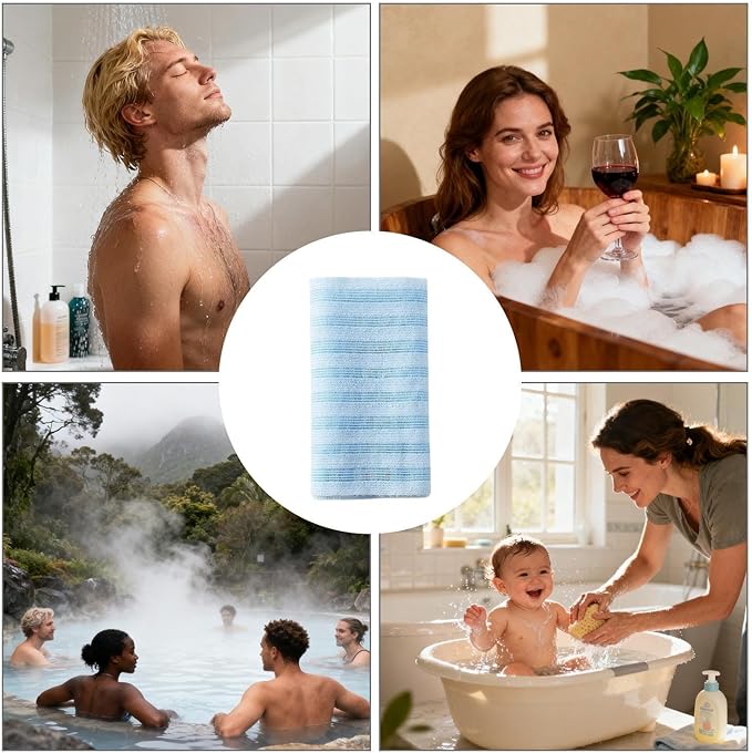 Quick Drying Bath Towel, Gentle Skin, Super Absorbent Cotton, Extendable Back Brush, Home Spa Accessory for Bathroom Shower Sauna Indoor Daily Use Family Adults Kids