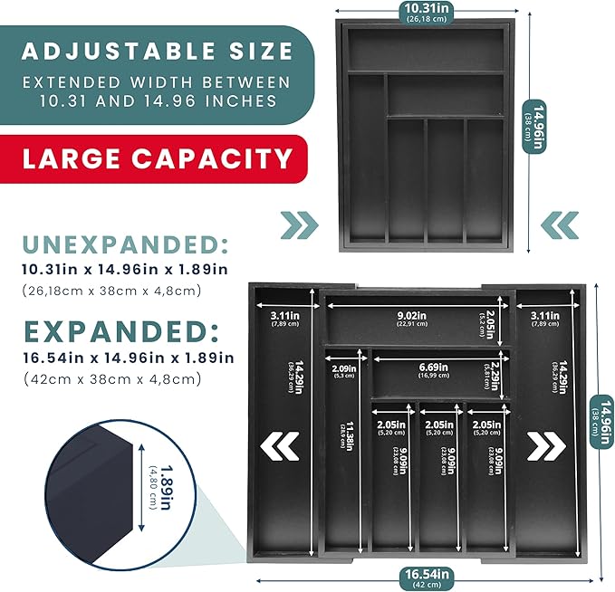 Sben Expandable Drawer Organizer for Utensils Holder, Adjustable Cutlery Tray, Wood Drawer Dividers Organizer for Silverware, Flatware, Knives for Kitchen (Black)