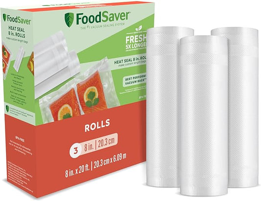 FoodSaver Custom Fit Airtight Food Storage and Sous Vide Vacuum Sealer Bags, 8 x 20' (Pack of 3), Perfect for Meal Prep and Sous Vide Cooking