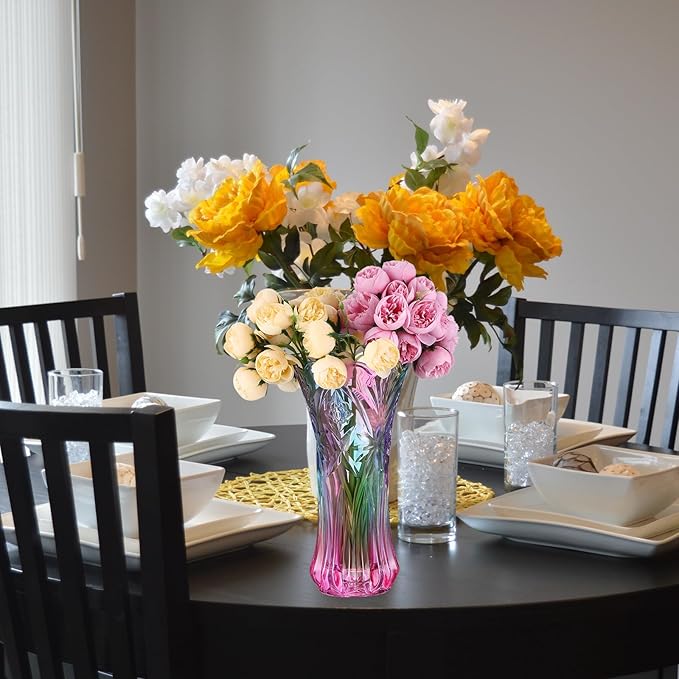 Multicolor Clear Glass Vases Wide Mouth Gradient Flower Vase for Bookshelf Dinner Table Indoor Office Desktop Meeting Room Bathroom Countertop 9.43x4.91x4.91 Inch