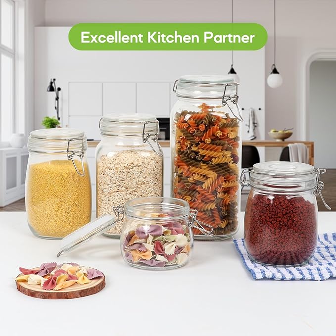 EkkoVla 34 oz Glass Food Storage Jars with Airtight Clamp Lids, Set of 3 Kitchen Canisters, Round Mason Jars Containers for Pasta, Coffee, Candy, Flour, Cereal, Dog Treats, Snacks and Canning
