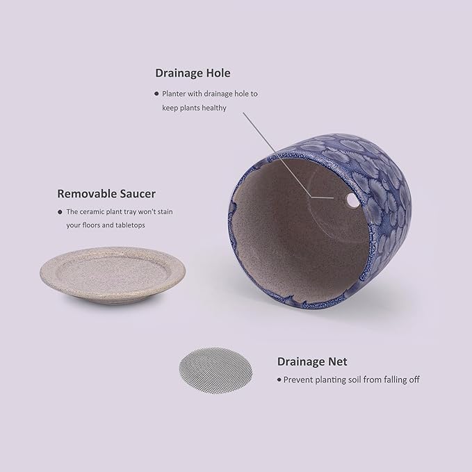 6 in Ceramic Plant Pot with Saucer，Indoor Plant Pot for Plants, Flower Pot with Drainage，Reactive Glaze Blue
