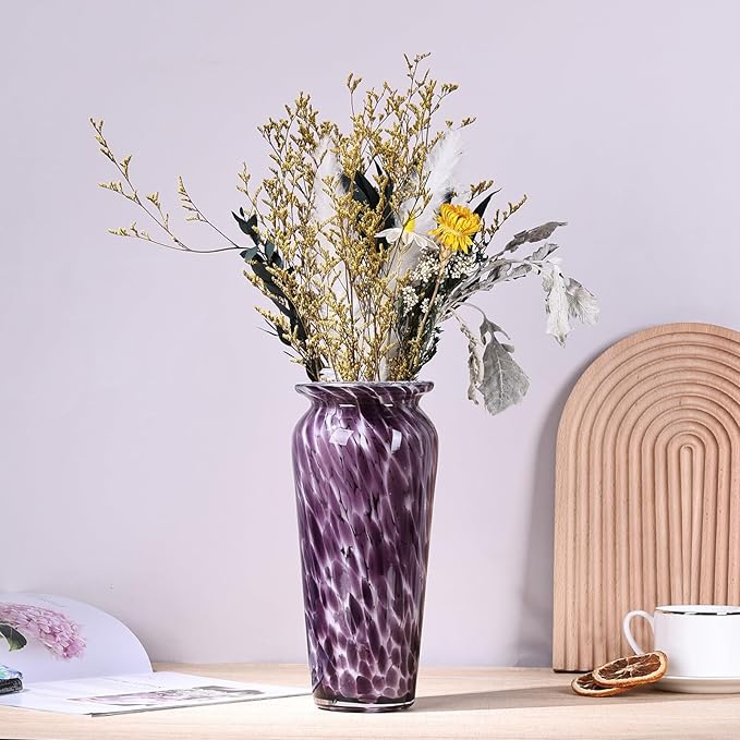 Blown Glass Purple vase, Purple Home Decorations, Modern Art Wide Mouth vase for Living Room Dining Table Coffee Table entryway TV Cabinet nightstand Centerpiece.