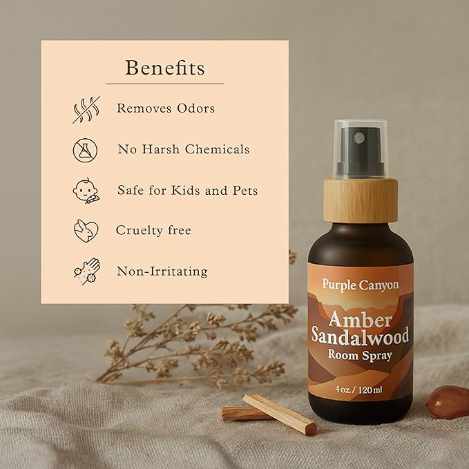 Purple Canyon Amber & Sandalwood Room Spray — 4 oz Natural Linen & Room Freshener — Warm, Woody & Resinous Fragrance Mist — Cozy Home Ambiance — Premium Natural Fragrance Oils